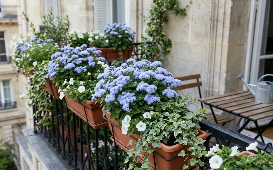 Agératum sur balcon : des pompons bleus duveteux pour des compositions originales