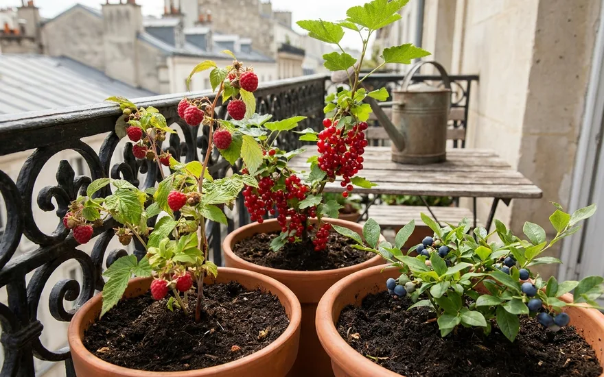 Fruits rouges sur balcon : framboises, groseilles et myrtilles en pot