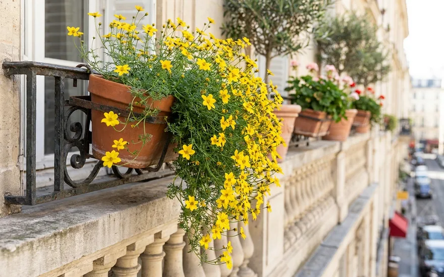 Bidens sur balcon : une pluie de petites fleurs jaunes tout l'été