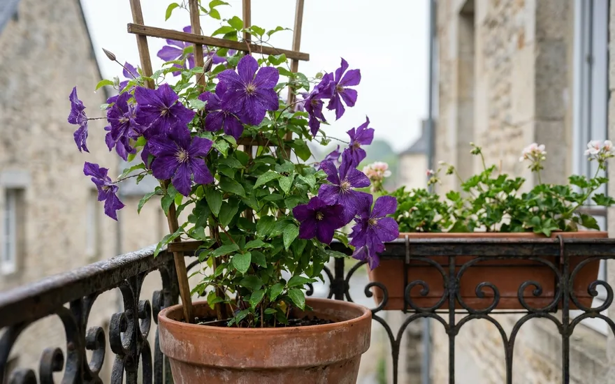 Clématite sur balcon : cultiver cette grimpante fleurie spectaculaire en pot