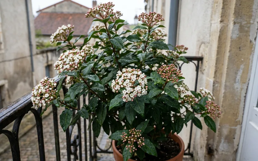 Laurier-tin sur balcon : un arbuste persistant fleuri en hiver, facile et rustique