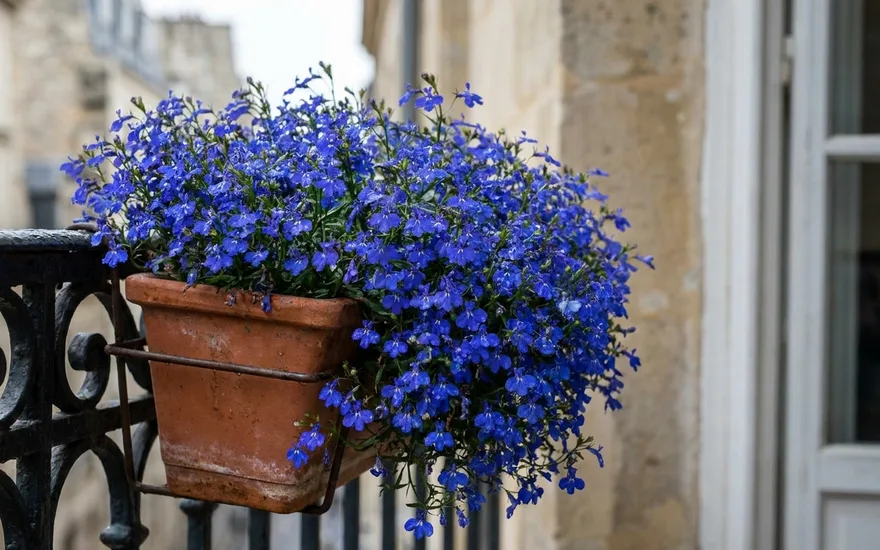 Lobélia sur balcon : des nappes de petites fleurs bleues en cascade