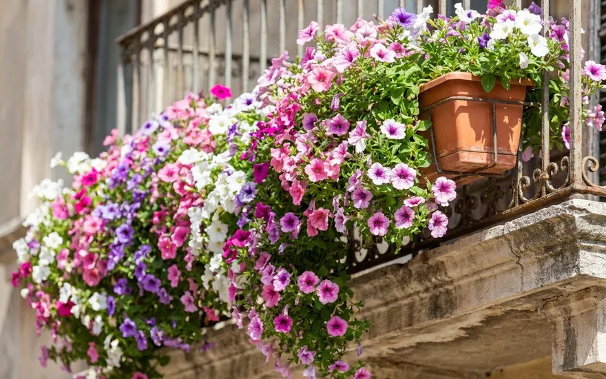 Surfinias et pétunias sur balcon : des cascades fleuries spectaculaires tout l'été