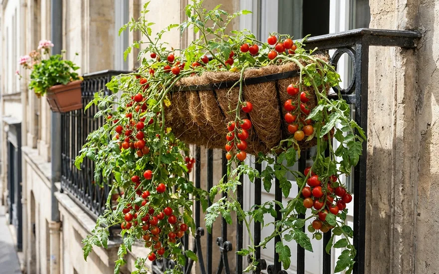 Tomates-cerises en suspension sur balcon : des fruits en cascade sans tuteur
