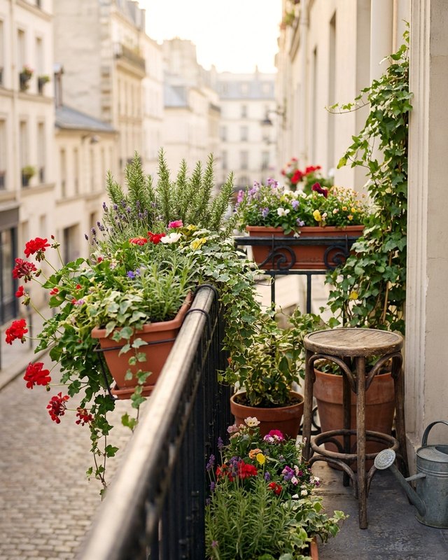 Balcon parisien fleuri : géraniums, lavande et romarin en pots sur une rambarde en fer forgé